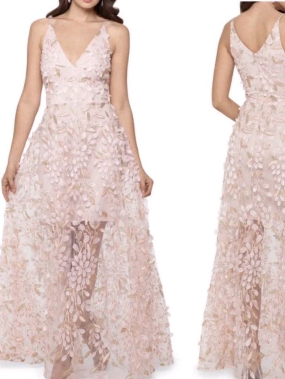 Gianni‎ Bini Gigi Pink 3D Floral Applique Mesh Maxi Dress Embroidery Formal gown